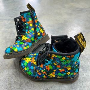 Dr. Martens Kids Floral Combat Boots in Blue, Yellow, Green